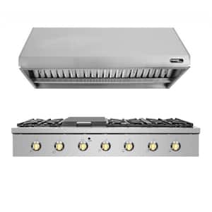 Entree Bundle 48 in. Pro-Style Gas Cooktop with 6 Burners, Griddle Burner and Range Hood in Stainless Steel and Gold