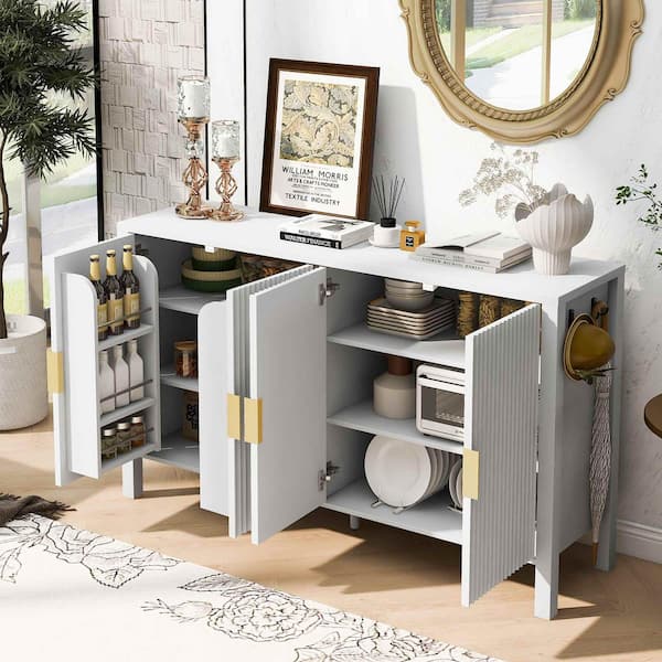 White MDF Wood Buffet with Adjustable Shelves and Side Hooks