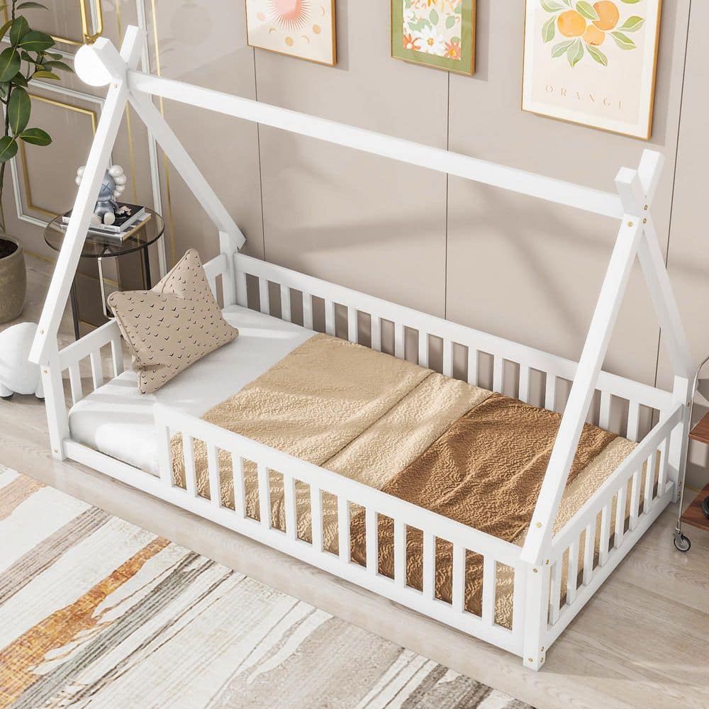 White Wood Frame Twin Size Tent-shaped Platform Bed with Guardrails, Slats price history on PriceWatchPro