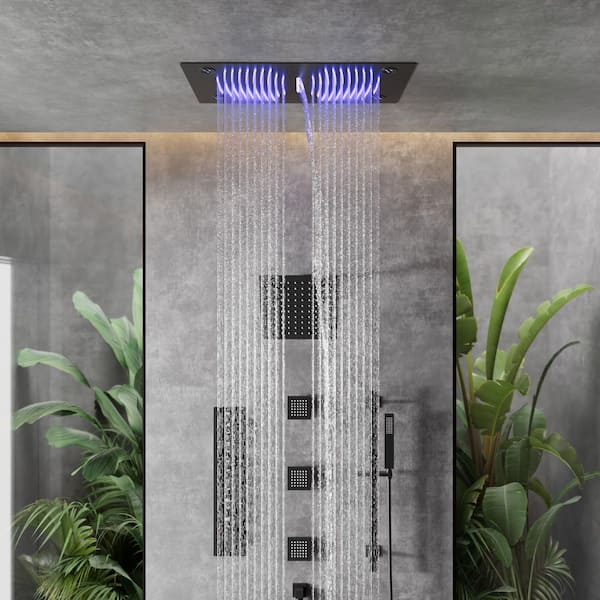 Large 63-Spray 27 1/2 in. and 8 in. Dual Shower Heads Ceiling Mount Fixed and Handheld Shower Head in Matte Black