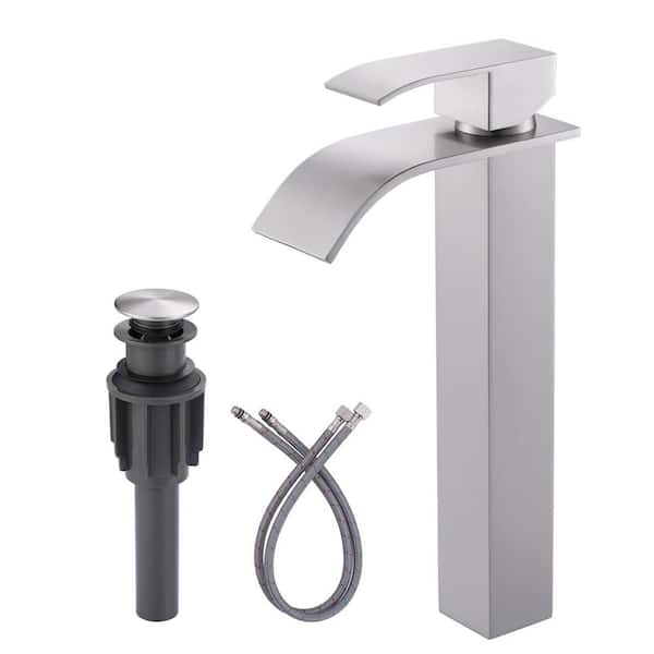 Stainless Steel Single Handle Waterfall Single Hole Bathroom Faucet with Drain Kit and Supply Lines in Brushed Nickel