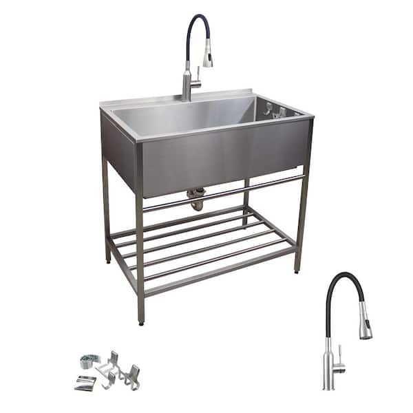 36 in. x 22 in. x 34 in. Stainless Steel Apron-Front Freestanding Utility/Laundry Sink with Wash Stand in Brushed Satin