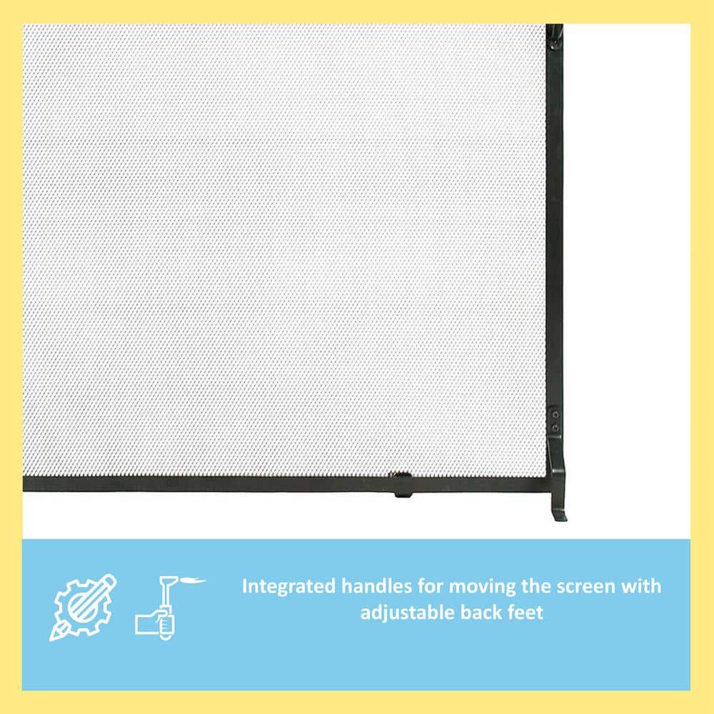Matte Black Wrought Iron Flat Fireplace Screen with Mesh Panel