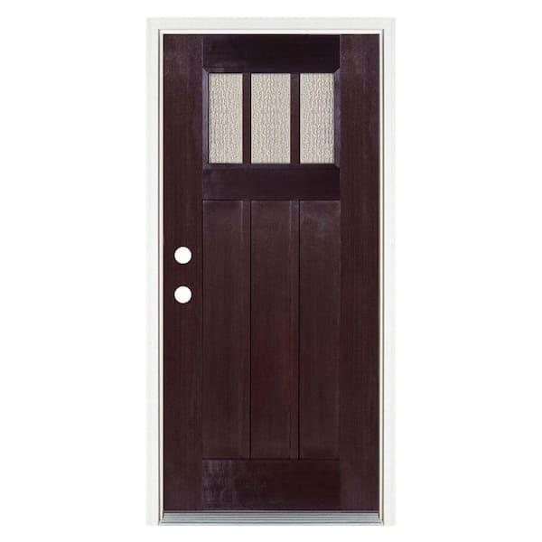 MP Doors 36 in. x 80 in. Dark Walnut Right-Hand Inswing 3 Lite Water Wave Craftsman Stained Fiberglass Prehung Front Door