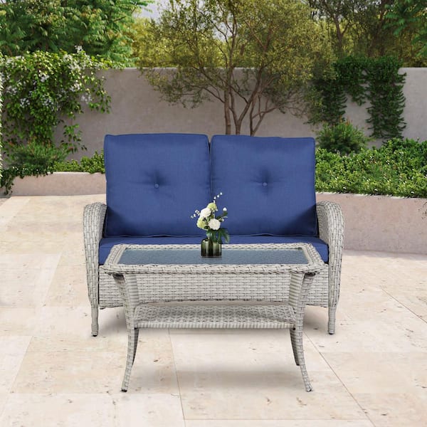 Opohoro PlainCurve 2-Piece Light Beige Wicker Outdoor Loveseat and Coffee Table Set with Navy Blue Cushions
