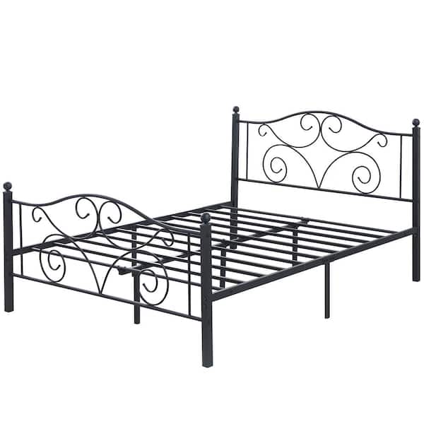 Queen Size Bed Frame Support with Headboard and Footboard, No Box Spring Need Metal Platform Bed, Black, 60"W
