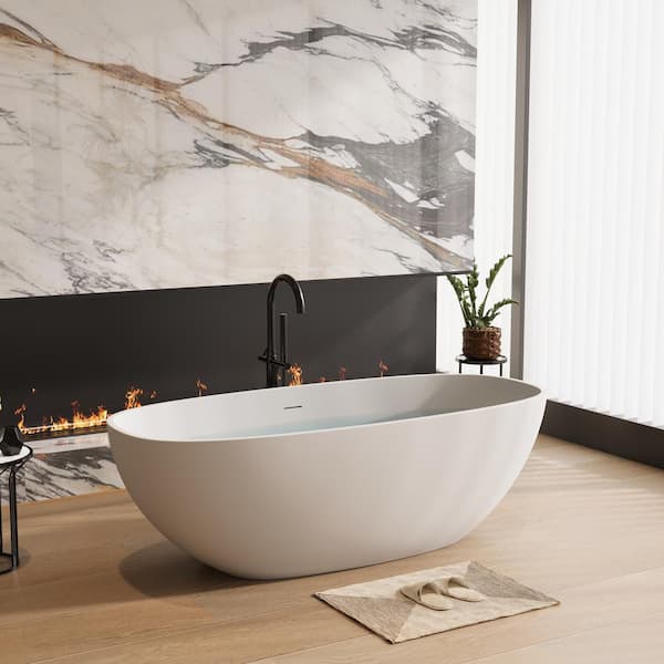 67 in. Stone Resin Flatbottom Solid Surface Freestanding Double Slipper Soaking Bathtub in White with Brass Drain
