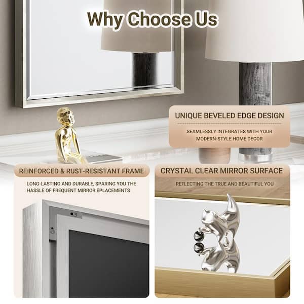 OnaBella 30 in. W x 36in. H Rectangular Aluminum Thin Framed Wall Mount Beveled Bathroom Vanity Mirror in Brushed Nickel