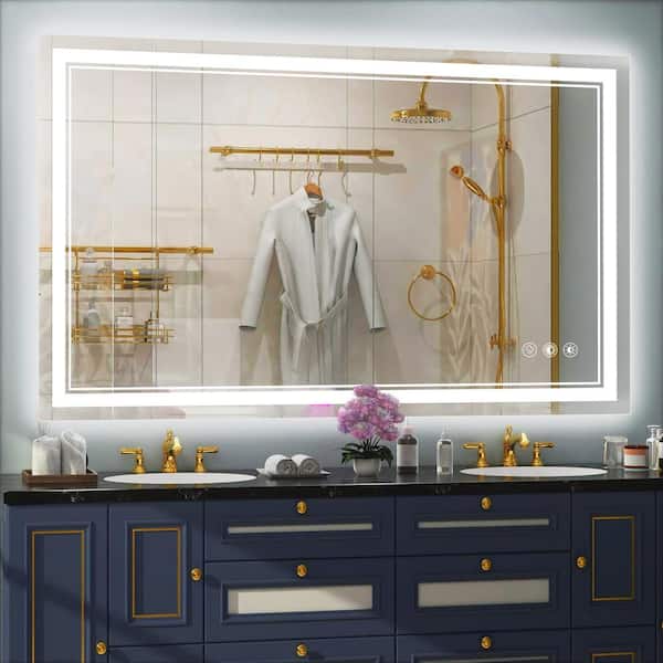 ANGELES HOME 48 in. W x 28 in. H Rectangular Aluminum Frameless Wall Bathroom Vanity Mirror w/ Light, Tempered Glass