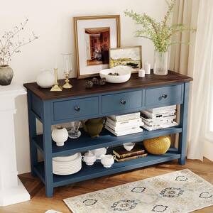 Retro 50 in. Antique Navy/Espresso Rectangle Wood Console Table with Two Open Shelves and Legs for Living Room