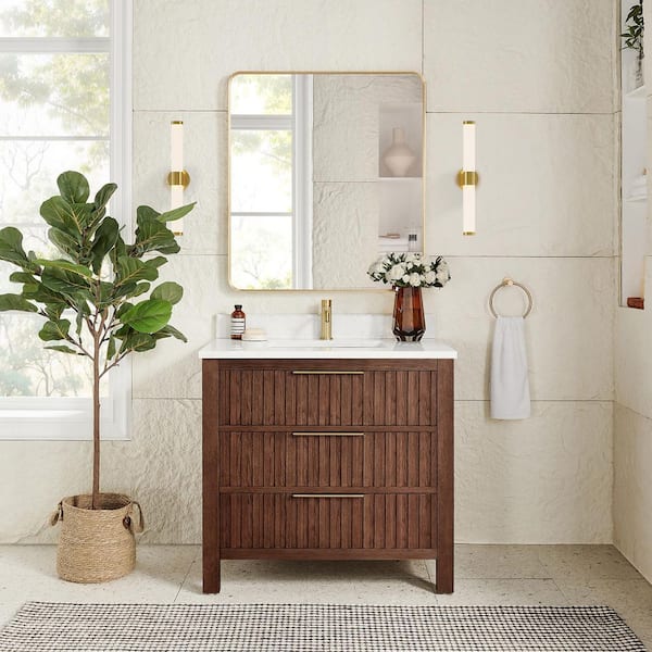 Shenzhen 36 in.W x 22 in.D x 33.9 in.D Single Bath Vanity in Aged Dark Brown Oak with White Engineered Stone Top