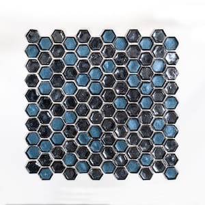 Mermaid Lagoon Blue 11.375 in. x 10.875 in. Hexagon Gloss Glass Wall Mosaic Tile (12.88 sq. ft./Case)