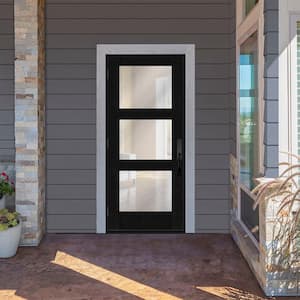 Regency 36 in. x 80 in. Modern 3-Lite Equal Clear Glass RHOS Onyx Stain Mahogany Fiberglass Prehung Front Door