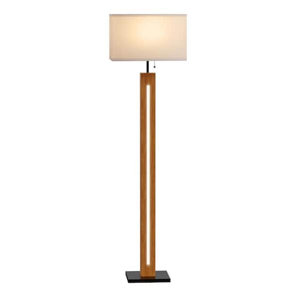 59 in. Farmhouse Wooden Floor Lamp built-in LED beads,3 Color Temp Bulb Standard Floor Lamp for Bedroom with Linen Shade