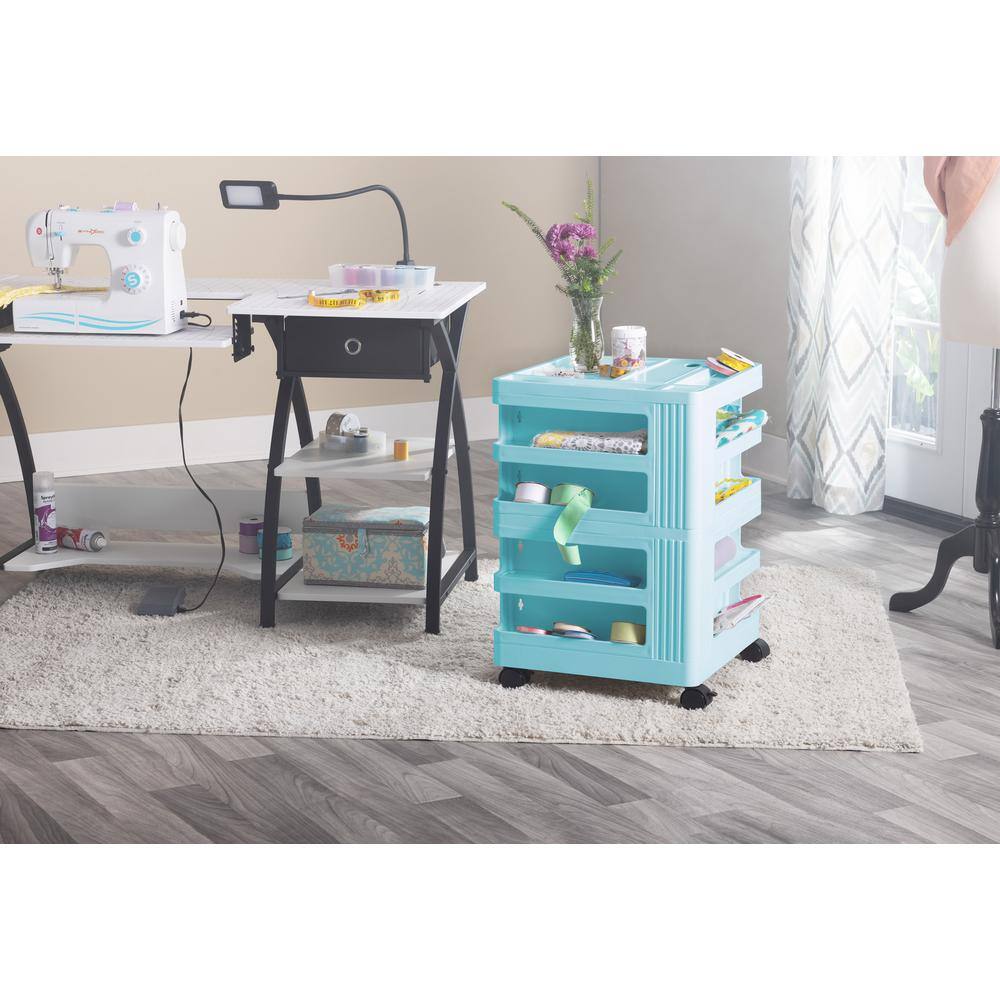 Turquoise Rotating Plastic Mobile Storage Cart with Multiple Compartments