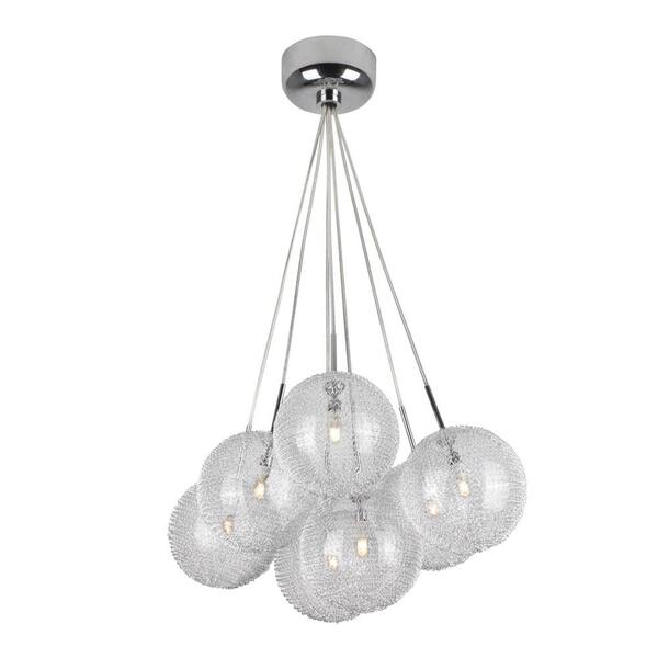 BAZZ Lume Series 7-Light Chrome and Mesh Pendant Fixture with Seven Spheres