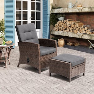 Gray Wicker Outdoor Adjustable Reclining Lounge Chair with Ottoman