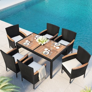 Brown 7-Piece Wood Patio Outdoor Dining Set with Geometric Rectangle Table and Black Rattan Chairs with Beige Cushion