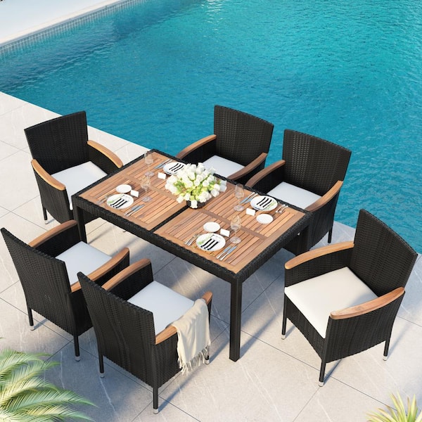 Afoxsos Brown 7-Piece Wood Patio Outdoor Dining Set with Geometric Rectangle Table and Black Rattan Chairs with Beige Cushion