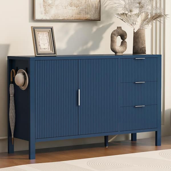 Fiora Navy Blue MDF 55.1 in. Buffet Sideboard Accent Storage Cabinet with Drawers, Wave-Pattern Doors, Adjustable Hooks