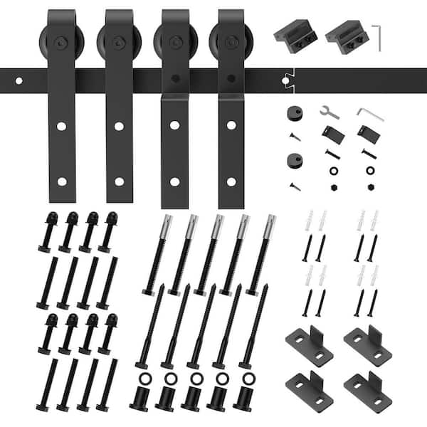 Movisa 8 ft. J-Shaped Bypass Sliding Barn Door Kit for Double Door, Black Steel