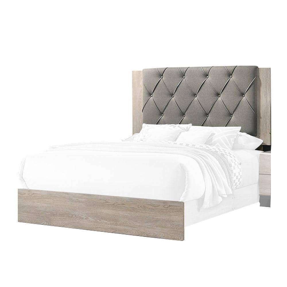 Benjara Gray and Cream Wooden Frame Queen Platform Bed with Button Tufted Upholstered Headboard -  BM228554