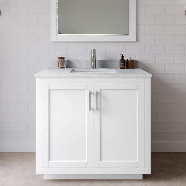 Wyndham Collection Miranda 36 in. W Single Bath Vanity in White with Marble Vanity Top in White Carrara with White Basin