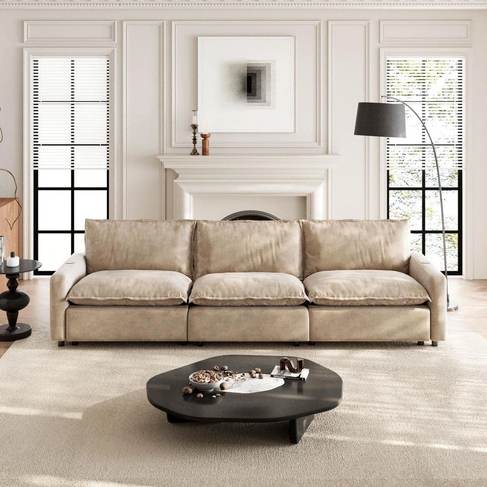 Power Recliner Couch, 116 in.Square Arm 3-Piece Linen Rectangle Modular Sectional Sofa with Adjustable Heating in Khaki price history on PriceWatchPro