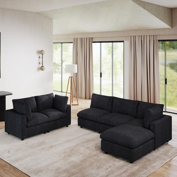 100 in. Square Arm 6-Piece Chenille L-Shaped Modualr Sectional Sofa Corner Couch with Ottoman for Gathering in. Black