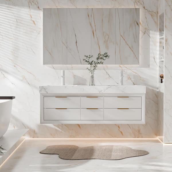 Wenlorin 60 in. Double Sinks Floating White Bath Vanity with White Engineered Marble Top Pre-assembled