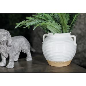 9 in. Medium White Ceramic Indoor Outdoor Planter with Handles