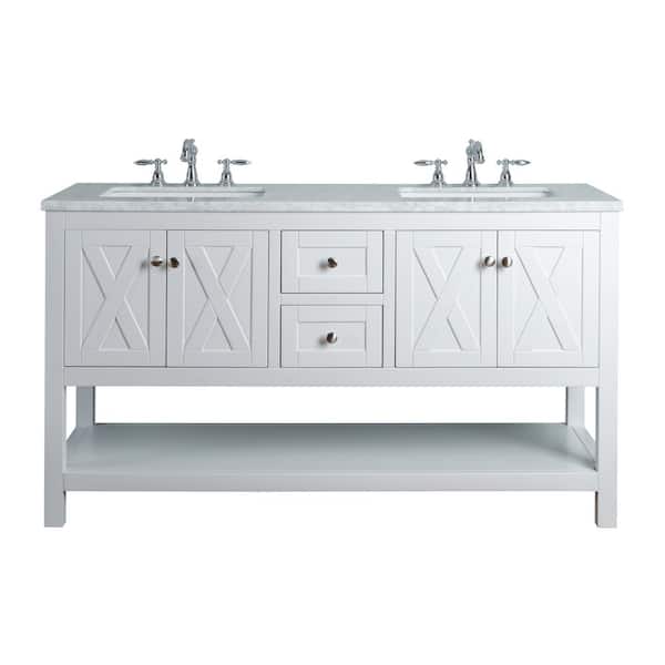 Stufurhome Anabelle 60 In White Double Sink Bathroom Vanity With Marble Top And Basin Hd 1527w Cr The Home Depot - Home Depot Bathroom Vanity Double Sinks