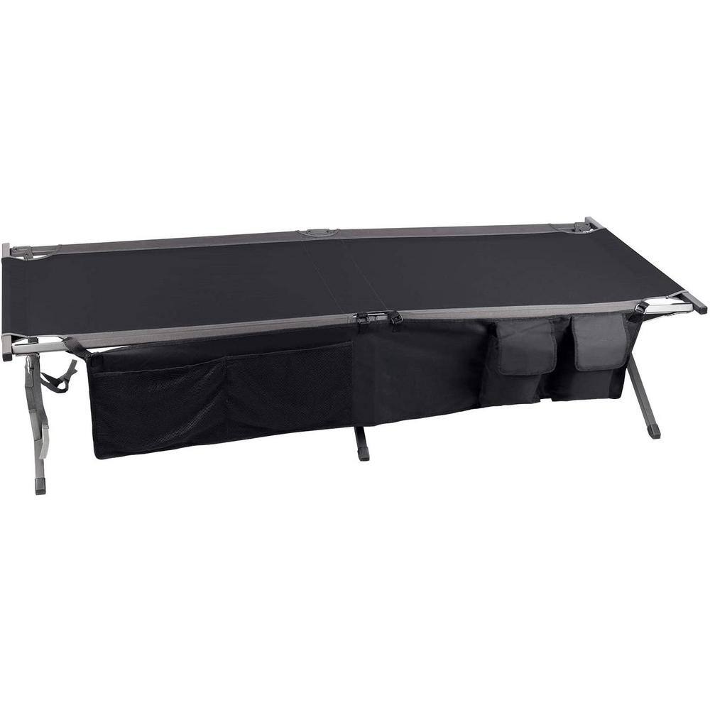 Black Steel Folding Portable Camping Cot with Storage Organizer