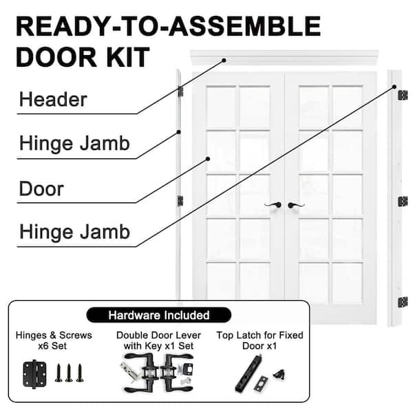 56 in. x 80 in. Universal 10-Lite Clear Glass White Solid Core Glass Double Prehung French Door with Quick Assemble Jamb