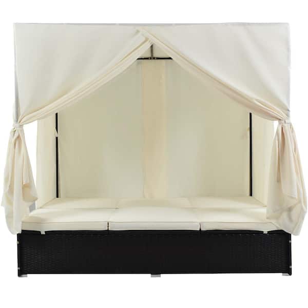 Zeus & Ruta Black Wicker Patio Outdoor Sunbed Day Bed with Beige Cushions and Adjustable Seats
