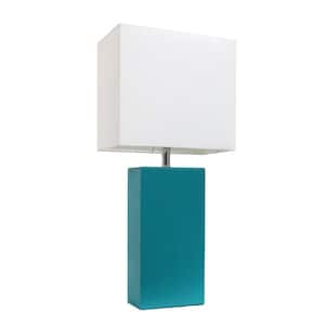 21 in. Modern Teal Leather Table Lamp with White Fabric Shade