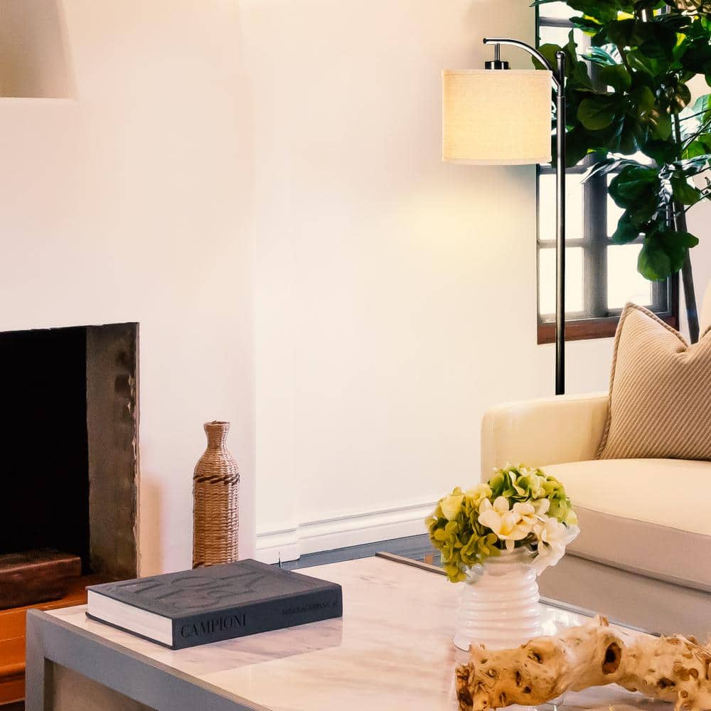 Classic Black Arc LED Floor Lamp with Tan Drum Shade