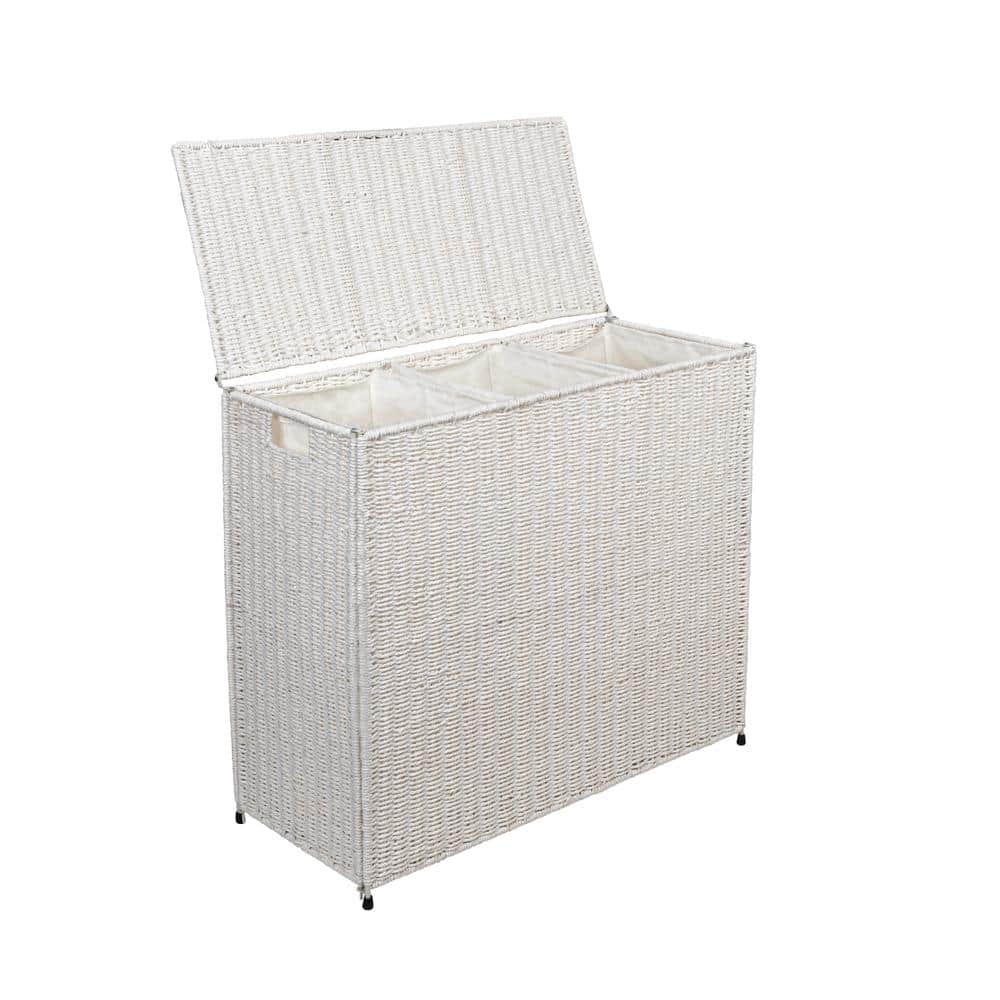 White Wicker 3-Compartment Laundry Sorter with Lid