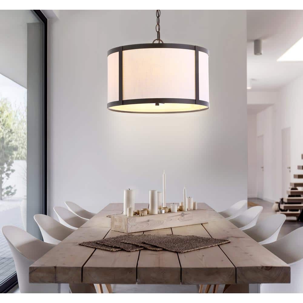 17" Oil Rubbed Bronze and White Drum Pendant Light