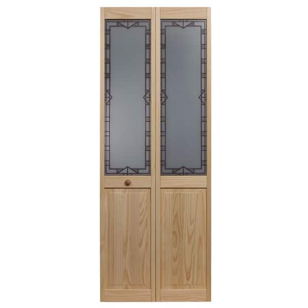 Pinecroft 29.5 in. x 80 in. Design Tech Glass Decorative 1/2-Lite Over Raised Panel Pine Wood Interior Bi-fold Door