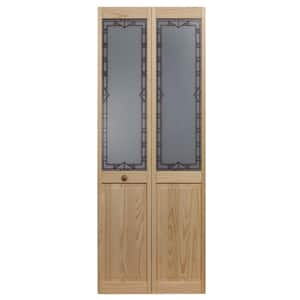 31.5 in. x 80 in. Design Tech Glass Decorative 1/2-Lite Over Raised Panel Pine Wood Interior Bi-fold Door