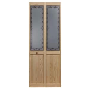 35.5 in. x 80 in. Design Tech Glass Decorative 1/2-Lite Over Raised Panel Pine Wood Interior Bi-fold Door