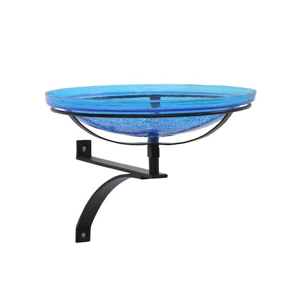 14 in. Dia. Round Teal Blue Crackle Glass Birdbath w/Black Wrought Iron Wall Mount Bracket