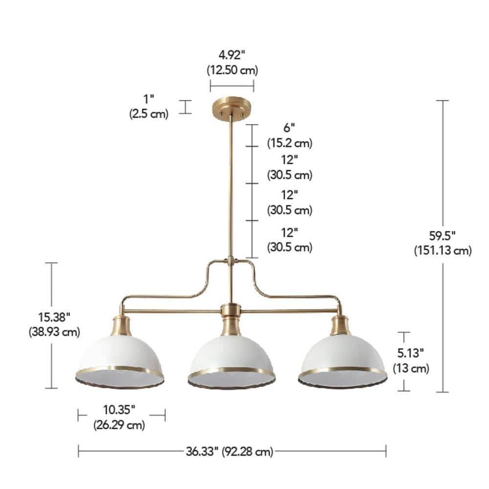 Matte White and Brass 3-Light Linear Chandelier