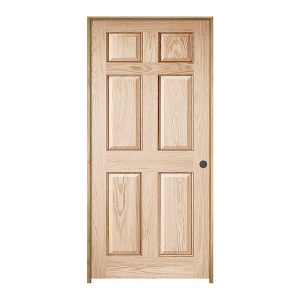 JELD-WEN 28 in. x 80 in. Oak Clear Lacquered Left-Hand 6-Panel Solid Wood Single Prehung Interior Door