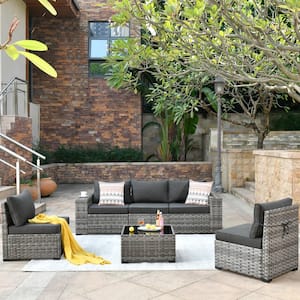 Crater Gray 6-Piece Wicker Wide-Plus Arm Outdoor Patio Conversation Sofa Set with Black Cushions