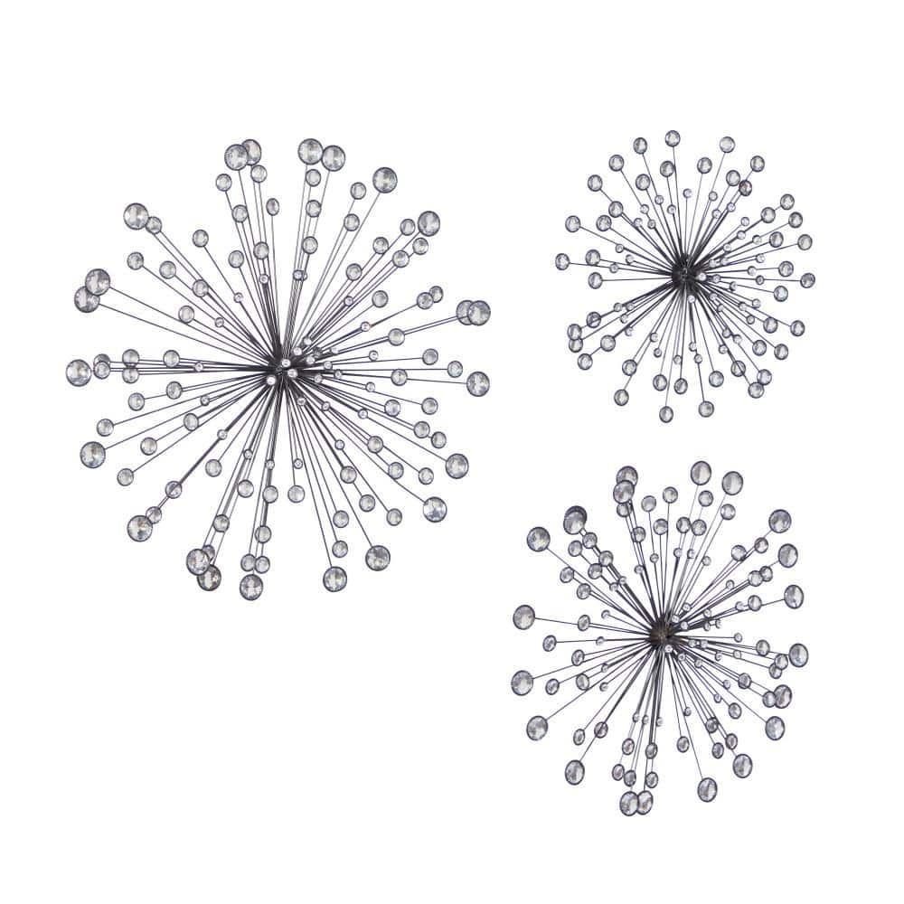 Black Metal Starburst Wall Sculpture Set with Crystal Embellishments