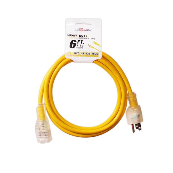 LifeSupplyUSA 6 ft. 16/3 SJT 13 Amp 125-Volt 1625-Watt Lighted End Indoor/Outdoor Heavy-Duty Extension Cord