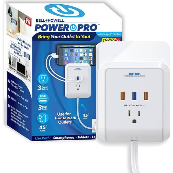 Bell + Howell 3-Outlet Power Pro Wall Outlet Surge Protector with 3 USB Ports and Extension Cord