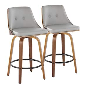 Gianna 25.75 in. Lt. Grey Faux Leather, Walnut Wood and Black Metal Fixed-Height Counter Stool Round Footrest (Set of 2)